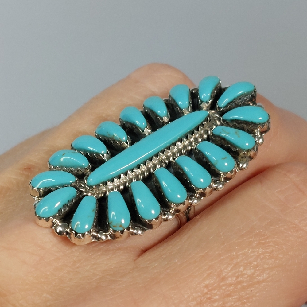 Vintage Navajo Sterling Turquoise Cluster Ring Davina Benally Size 8 - Picture 2 of 9